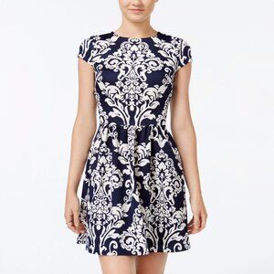 B. Darlin Navy & White Fit and Flare Dress Sz 13/14 | Baroque Print Mesh Back